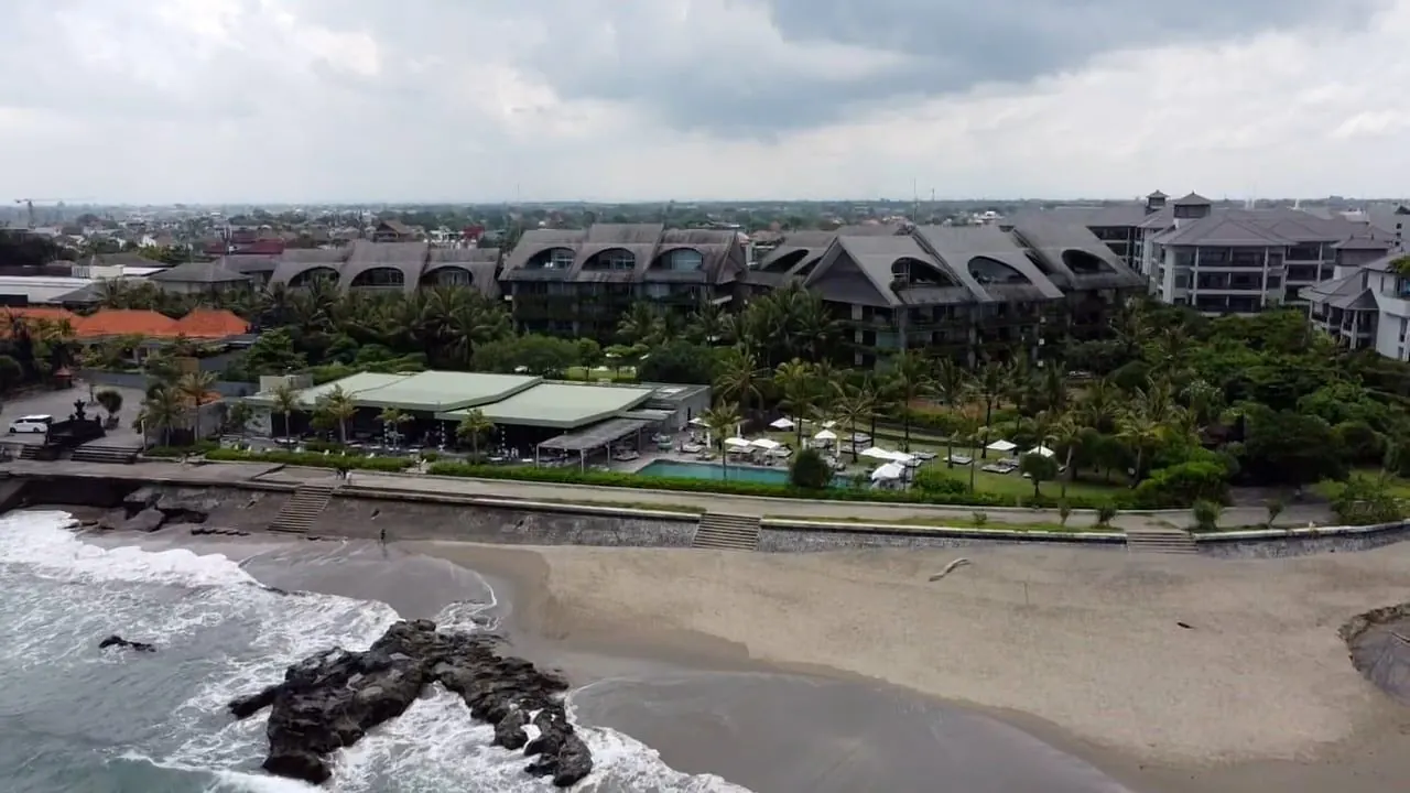 A beach club on the Bali coast, seen from the air