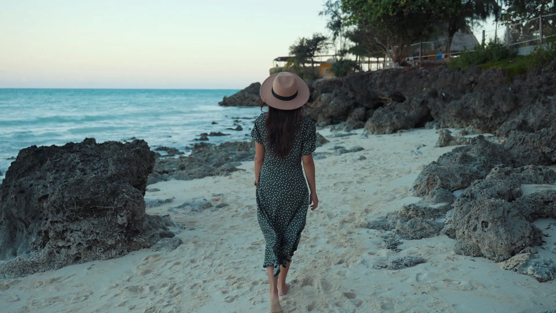 A woman walking along a tropical shore